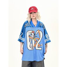 批发美式欧美夏季新款潮流休闲<b class='q'>运动</b>网眼V领短袖T恤男女潮牌拼接上衣