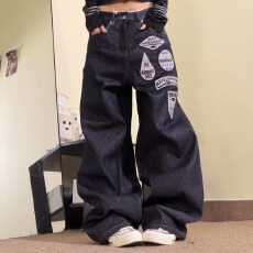 批发<b class='q'>韩国</b>chic春季美式复古贴布刺绣<b class='q'>牛仔裤</b>男女宽松直筒痞帅高街裤子潮