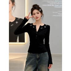 批发<b class='q'>韩国</b>chic原版面料韩系慵懒风半开纽扣长袖t恤女修身显瘦打底上衣