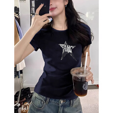批发纯棉 韩国chic夏季新款藏正肩短袖T恤女星星印花设计休闲百搭上衣