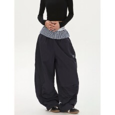 批发新款美式复古格子拼接刺绣<b class='q'>工装裤</b>潮牌褶皱运动阔腿裤宽松<b class='q'>休闲裤</b><b class='q'>女</b>