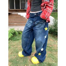 批发韩国chic美式街头潮流星星<b class='q'>牛仔裤</b>百搭水洗做旧弯刀男女宽松长裤潮