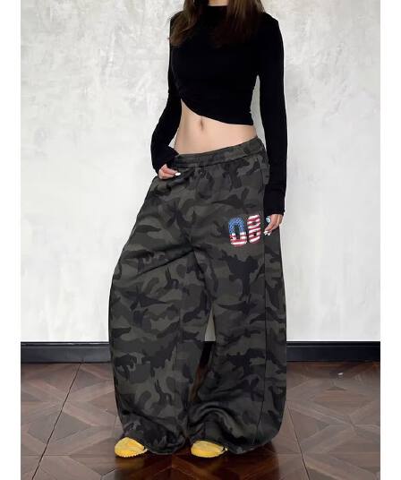 한국 chic 아메리칸 여름 카모플라주 긴 바지 캐주얼 바지 루즈핏 워크웨어 팬츠 섹션 스트레이트 팬츠 빅 사이즈 운동 바지 여성