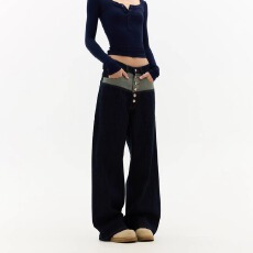 批发美式复古高街复古拼接直筒男女<b class='q'>牛仔裤</b>春夏季新款重工排扣长裤潮