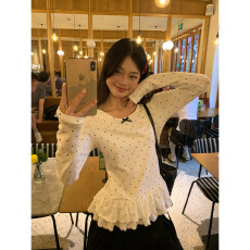 批发美式黑色波点内搭<b class='q'>打底</b>衫女2026春夏花边下摆百搭修身长袖t恤<b class='q'>上衣</b>