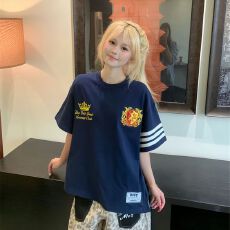 批发韩国chic夏季新款美式复古刺绣印花内里铺布短袖T恤宽松显瘦<b class='q'>上衣</b>