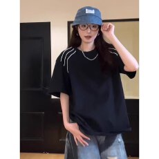 批发韩国chic明线短袖t恤男女夏季新款美式高级感痞帅机车风半袖上衣