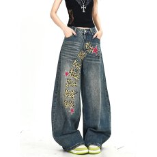 批发美式复古竹节纹花纹刺绣牛仔裤男女宽松直筒长裤高街风设计感长裤