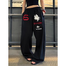 批发韩国chic美式街头风天使战马松紧腰<b class='q'>运动</b>卫裤女潮牌黑色百搭阔腿裤