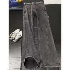 批发韩国chic复古蓝显瘦微喇牛仔裤男女美式高街裤子斜切弯刀工装裤<b class='q'>潮</b>