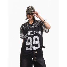 批发美式复古夏季新款男女v领上衣女泽西风球衣撞色拼接百搭短袖t恤<b class='q'>潮</b>