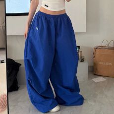 批发韩国chic夏季新款复古美式慵懒风克莱因蓝阔腿爵士跳舞休闲裤女<b class='q'>潮</b>