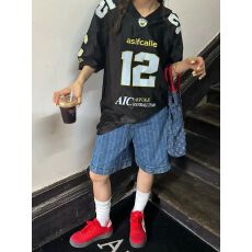 批发韩国chic美式复古夏季新款男女v领上衣女泽西风球衣百搭短袖t恤<b class='q'>潮</b>