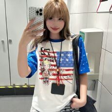 批发韩国chic2026美式复古夏季新款上衣女撞色拼接百搭短袖t恤<b class='q'>潮</b>