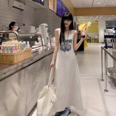 韩国chic美式新款无袖印花假两件背心连衣裙女夏设计感a字长裙潮