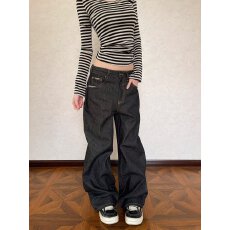 批发韩国chic美式复古ins风少年感牛仔裤<b class='q'>男</b>女潮休闲宽松阔腿<b class='q'>裤子</b>新款