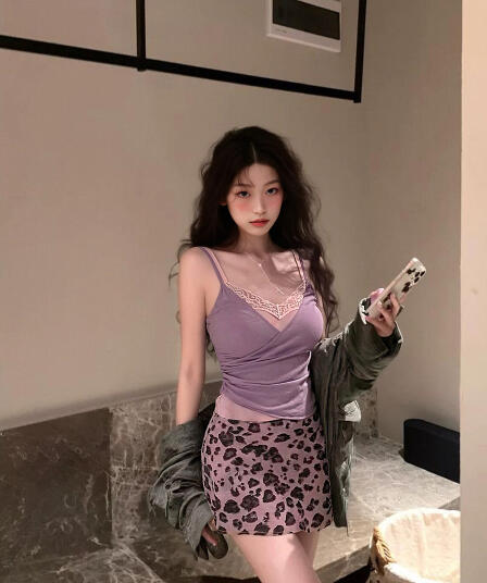 순수한 욕망 바람 보라색 레이스 조각 슬립 미니 스커트 여성 여름 허리 수축 조끼 맨위 레오파드 무늬 반신 스커트 투피스 세트