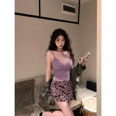批发纯欲风紫色蕾丝拼接吊带短裙女夏季收腰背心上衣豹纹半身裙两件套