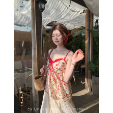 批发纯欲碎花假两件v领吊带背心女夏季新款甜美穿搭性感显瘦无袖上衣