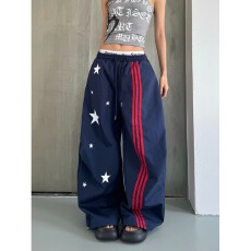 批发韩国chic美式辣妹街头<b class='q'>嘻哈</b>风星星条纹阔腿速干<b class='q'>裤</b>宽松垂坠感休闲<b class='q'>裤</b>