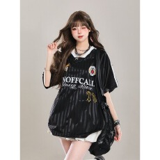 批发好质量 美式字母V领<b class='q'>运动</b>球衣服短袖<b class='q'>T</b><b class='q'>恤</b>女夏季泽西风宽松半袖上衣