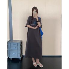 批发做旧字母印花短袖长款T恤裙女夏新款大码宽松显瘦遮肉休闲<b class='q'>连衣裙</b>