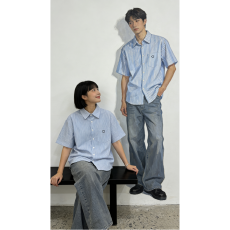 批发美式笑脸刺绣条纹短袖衬衫男女夏季复古情侣百搭休闲宽松衬衣<b class='q'>外套</b>