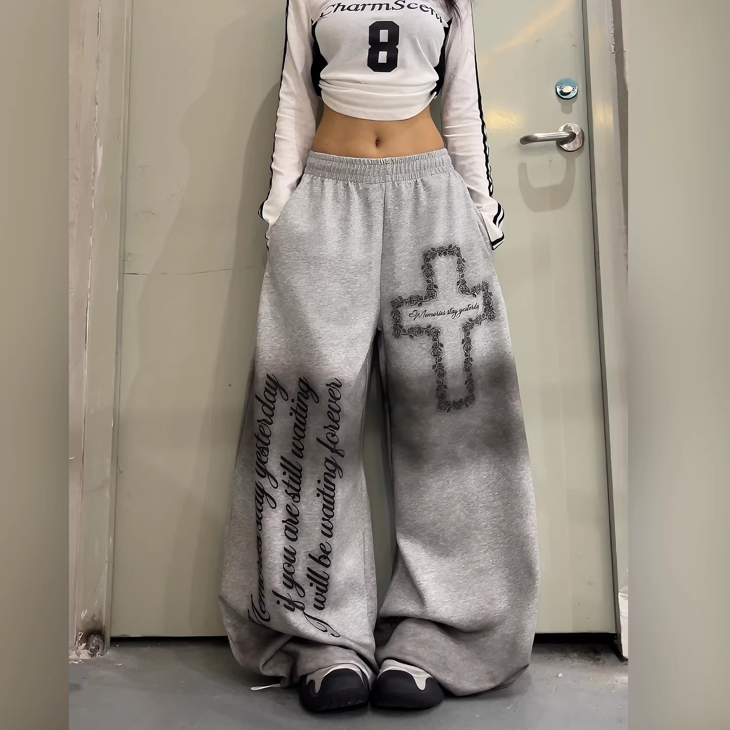 FA57057#韩国chic美式高街脏染字母印花阔腿弯刀卫裤男女爵士舞垂感休闲裤