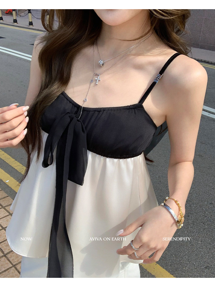 핫걸 순수한 욕망 작은 키 착용 가져 가라. 흑인과 백인 배색 패치워크 캐미솔 나비 매듭 스트랩 여름 작은 맨위 여성