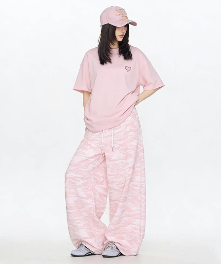 한국 chic 봄 아메리칸 레트로 펌프 로프 핑크색 카모플라주 워크웨어 팬츠 루즈핏 넓은 다리 캐주얼 운동 바지 아이들