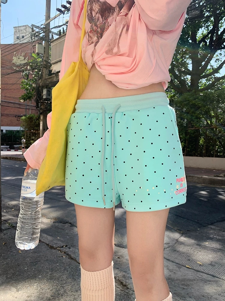 한국 chic 아메리칸 레트로 도트 무늬 펌프 로프 허리밴드 3 점 바지 여성 핫걸 여름 루즈핏 캐주얼 반바지 트렌디