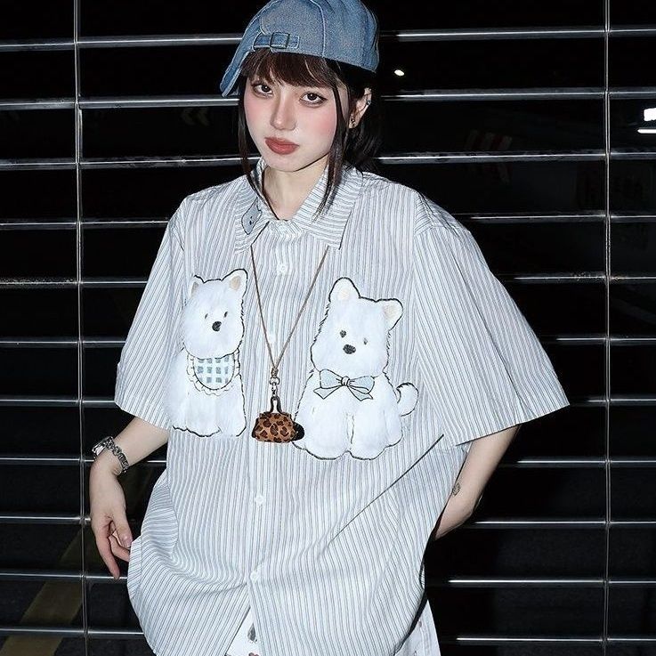 아메리칸 재미있는 플리스 강아지 체크무늬 반팔 셔츠 아메리칸 레트로 여성 여름 새로운 루즈핏 다용도 셔츠 트렌디