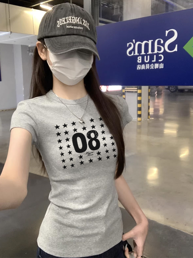 순면 아메리칸 레트로 라운드 넥 긍정적 인 어깨 반팔 티셔츠 여성 여름 새로운 알파벳 디자인 캐주얼 다용도 맨위 여성