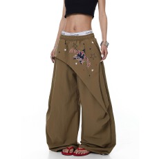 批发韩版美式屁帘叠穿伞兵工装裤女夏季新款宽松阔腿街舞休闲长裤子潮