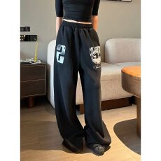批发韩版美式美式潮牌字母印花直筒垂感卫裤女复古宽松百搭阔腿休闲裤