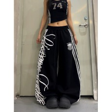 批发国潮痞帅爵士街舞阔腿运动卫裤男女宽松百搭抽绳图腾印花弯刀长裤