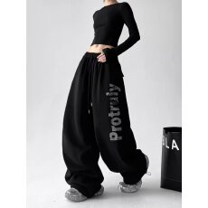 批发韩版美式复古字母印花休闲裤女2026新款高腰显瘦直筒阔腿拖地长裤