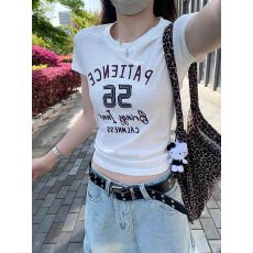 批发雪花棉 2026夏季新款韩版美式白色字母短袖T恤女修身字母印花上衣