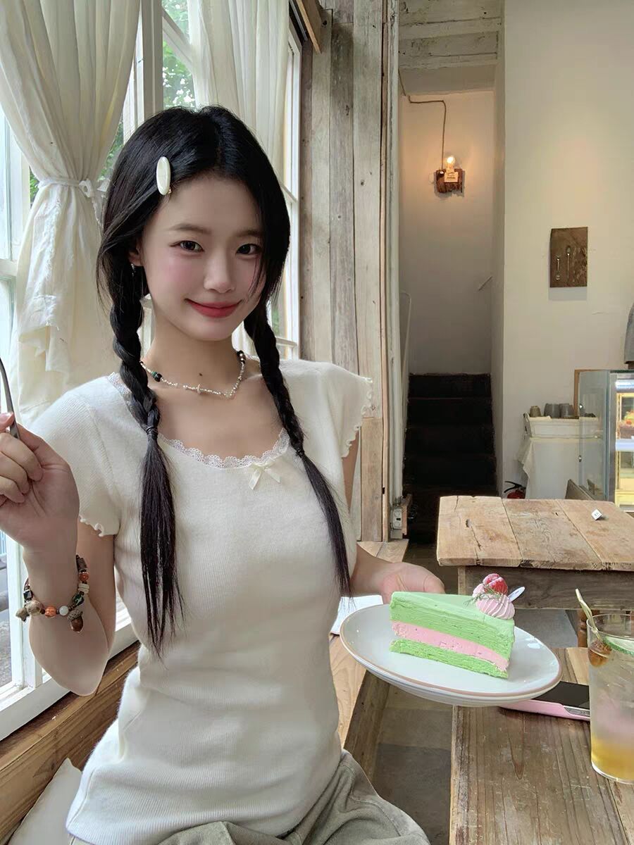 여름 새로운 한국 스타일 아메리칸 순수한 욕망 바람 레이스 레이스 작은 대중 한 부서 반팔 티셔츠 여성 몸매 가꾸기 다용도 맨위