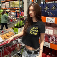 批发纯棉 2026夏季新款韩版美式正肩短袖t恤女修身显瘦印花辣妹上衣潮