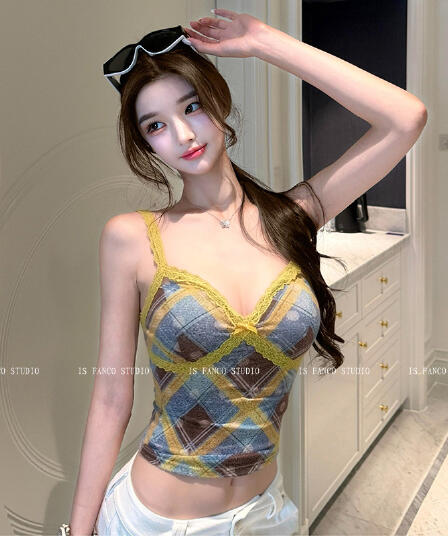 한국 스타일 아메리칸 섹시함 V넥 슬립 여성 2026 여름 레이스 체크무늬 패치워크 허리 수축 몸매 가꾸기 쇼트 스타일 맨위 트렌디
