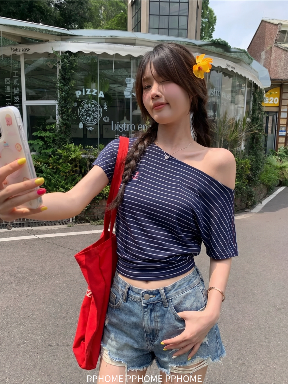 한 부서 스트라이프 프린트 오프숄더 핫걸 반팔 티셔츠 여성 여름 루즈핏 부담하지 마세요. 느긋한 바람 작은 대중 비스듬한 어깨 의류