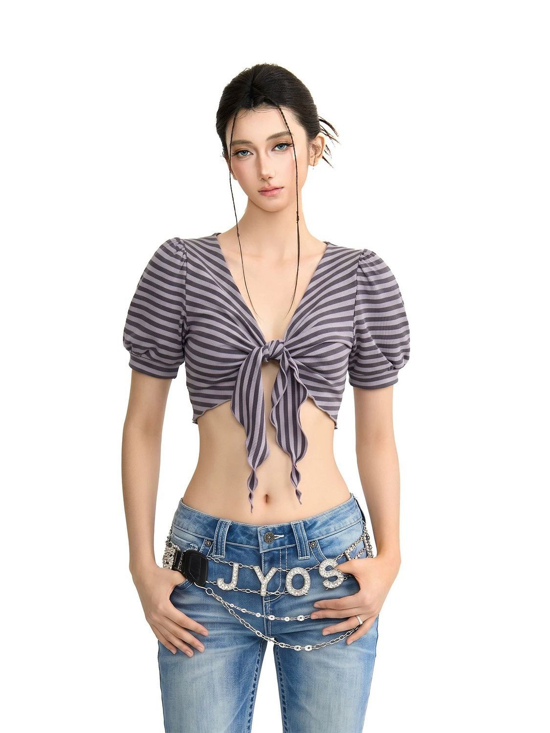 한국 스타일 아메리칸 핫걸 바람 V넥 여름 새로운 달콤한 매운맛 스트라이프 거품 소매 몸매 가꾸기 작은 대중 반팔 티셔츠 맨위 여성