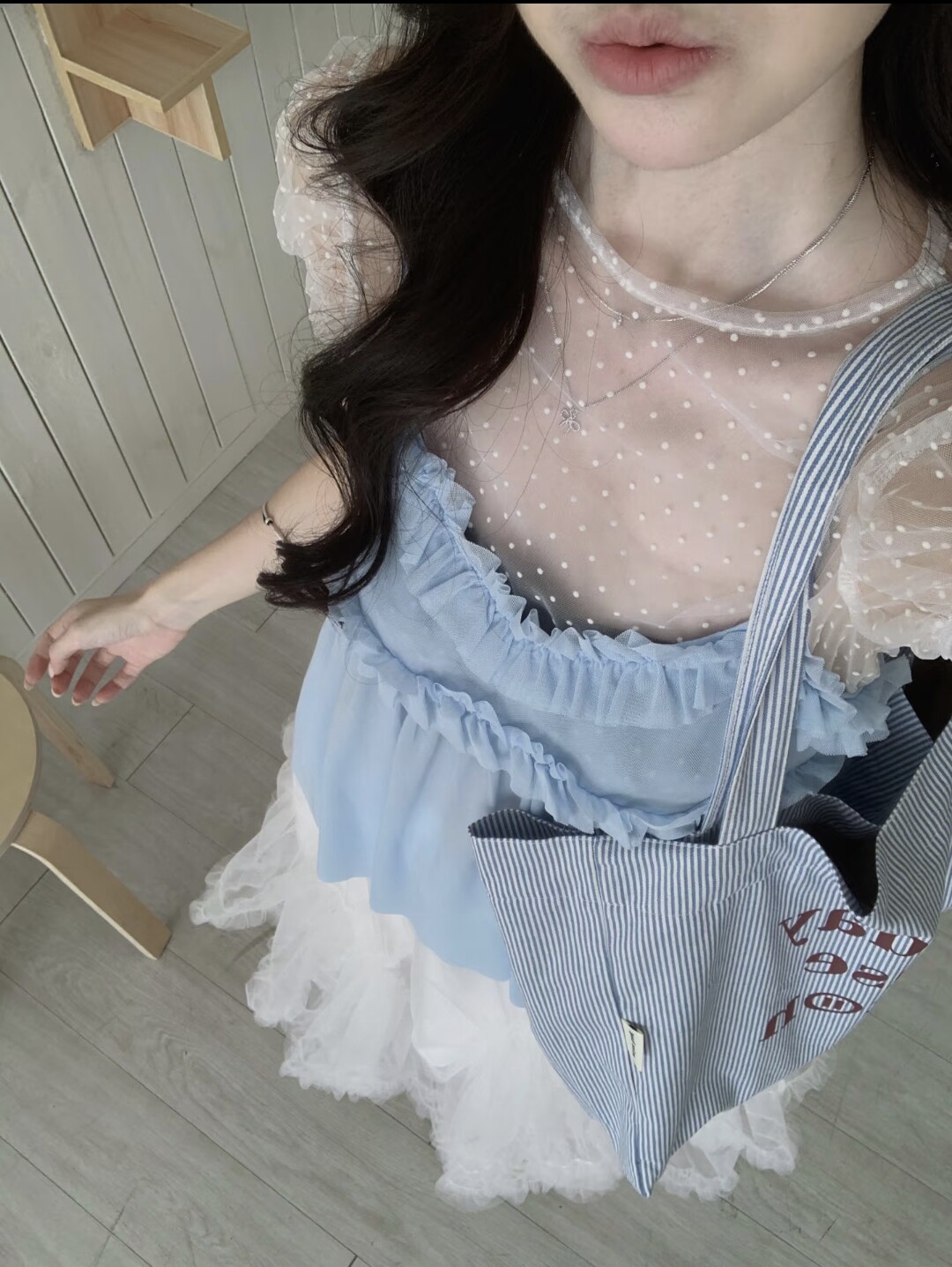 디자인 센스 망사 반팔 티셔츠 스택 착용 레이스 패치워크 파란색 슬립 여성 여름 마이크로 ~을 통해 의류 투피스 슈트