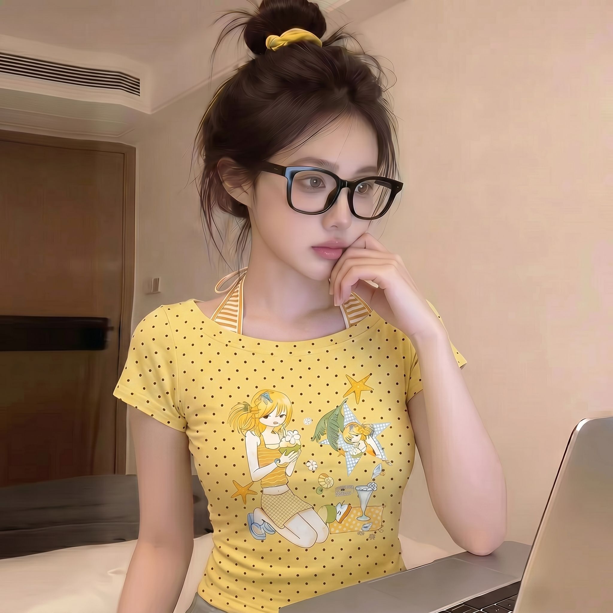 아메리칸 긍정적 인 달콤한 차가운 핫걸 애니메이션 소녀 도트 무늬 반팔 티셔츠 여성 여름 새로운 몸매 가꾸기 페이크 레이어드 맨위 트렌디