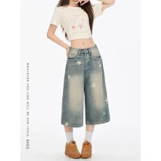 批发韩版美式复古新款星星印花牛仔短裤女做旧水洗宽松阔腿休闲七分裤