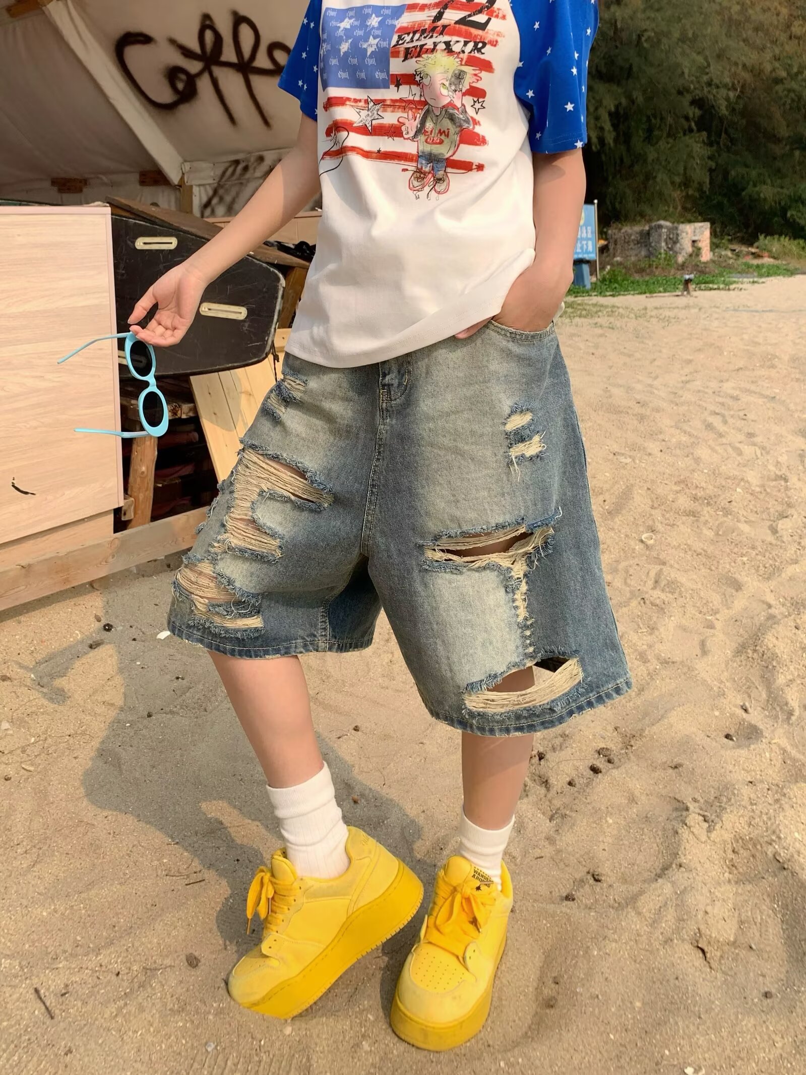 아메리칸 레트로 워싱 찢어진 부분 세련된 데님 오부 바지 남녀 여름 새로운 캐주얼 다용도 트렌드 반바지 트렌디
