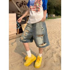 批发美式复古水洗破洞时髦牛仔五分裤男女夏季新款休闲百搭潮流短裤潮
