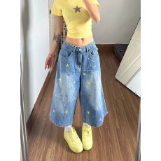 批发韩版美式星星刺绣水洗牛仔短裤女2026夏季薄款宽松百搭街头七分裤
