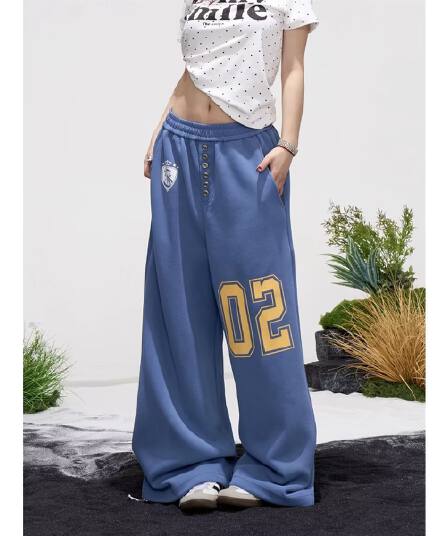 좋은 품질 한국 스타일 아메리칸 프린트 넓은 다리 웨이 바지 남녀 루즈핏 캐주얼 느긋한 도루 센스 바닥 청소 스트레이트 긴 바지